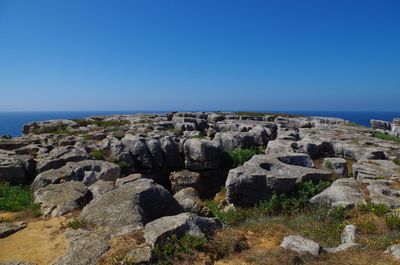Scenic view of sea against clear blue sky