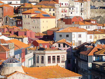 High angle view of houses in town