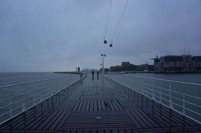 Overhead cable car over sea against sky