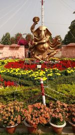 Statue by flowers against sky