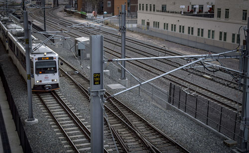 High angle view of railroad tracks in city