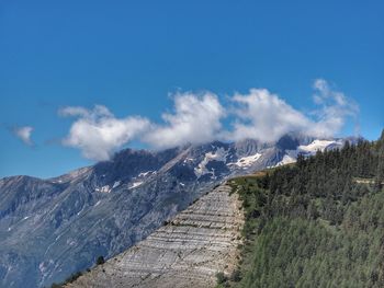 Scenic view of snowcapped mountains against blue sky