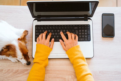 Low section of person using laptop on table