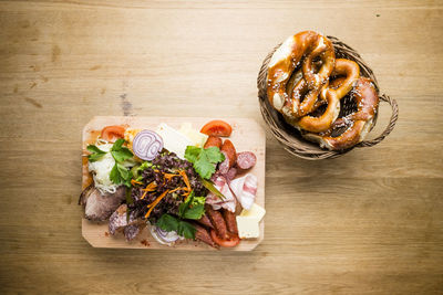 High angle view of food in plate on table