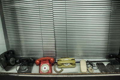 High angle view of rotary phones in store