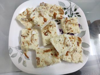 High angle view of food served in plate, sweets, desert, white plate, 