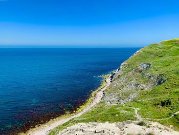 Scenic view of sea against clear blue sky