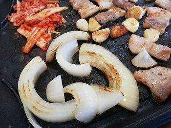 High angle view of meat in plate