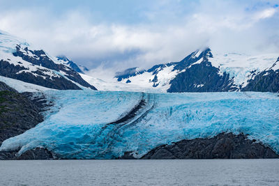 Close-up of snow on sea against sky
