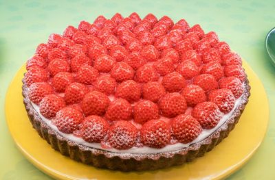 Close-up of strawberry cake in plate