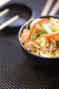 High angle view of noodles in bowl on table