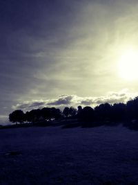 Silhouette trees on field against sky at sunset