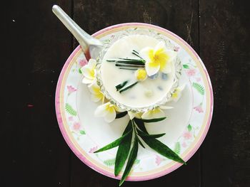 High angle view of cake in plate on table