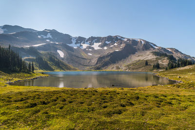 Scenic view of lake and mountains against clear sky