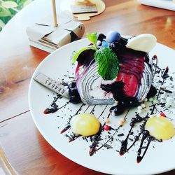 High angle view of dessert in plate on table