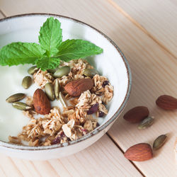 High angle view of rice in bowl on table