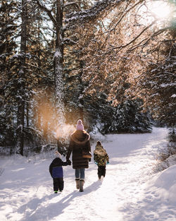 Mother and children walking along a snowy footpath in a forest on a sunny day