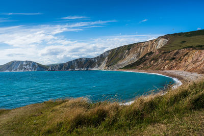 Scenic view of sea and mountains against sky