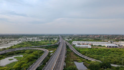 High angle view of cityscape against sky