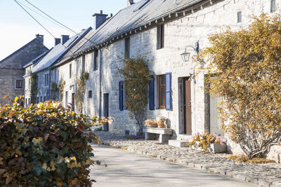 Street amidst houses and buildings against sky
