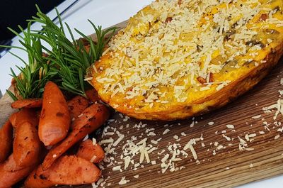 Close-up of served food in plate