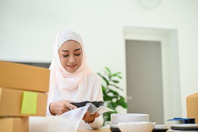 Businesswoman in hijab working at office