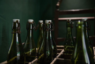 Close-up of wine bottles