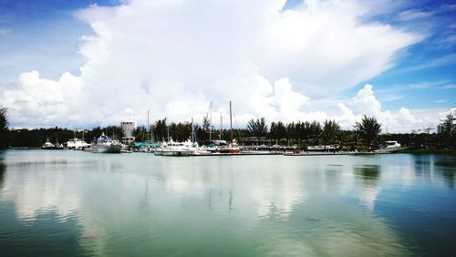 Panoramic view of harbor against sky