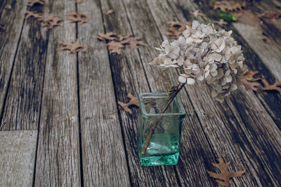 High angle view of flowers on wooden table 