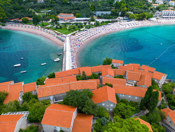 High angle view of buildings in city