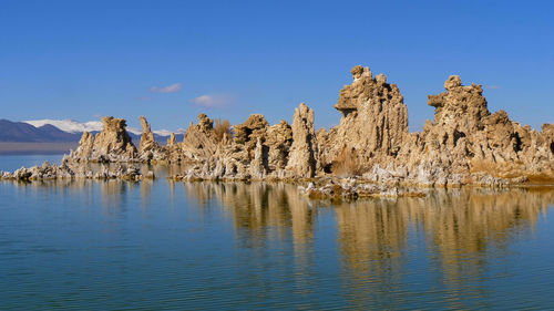 Scenic view of lake and rock formation against sky
