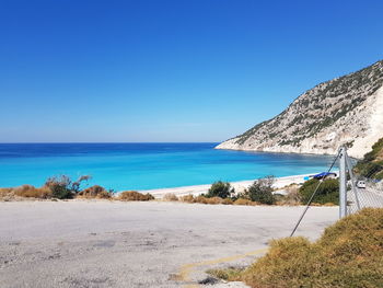 Scenic view of sea against clear blue sky