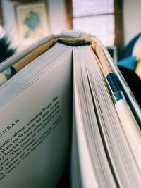 High angle view of open book on table