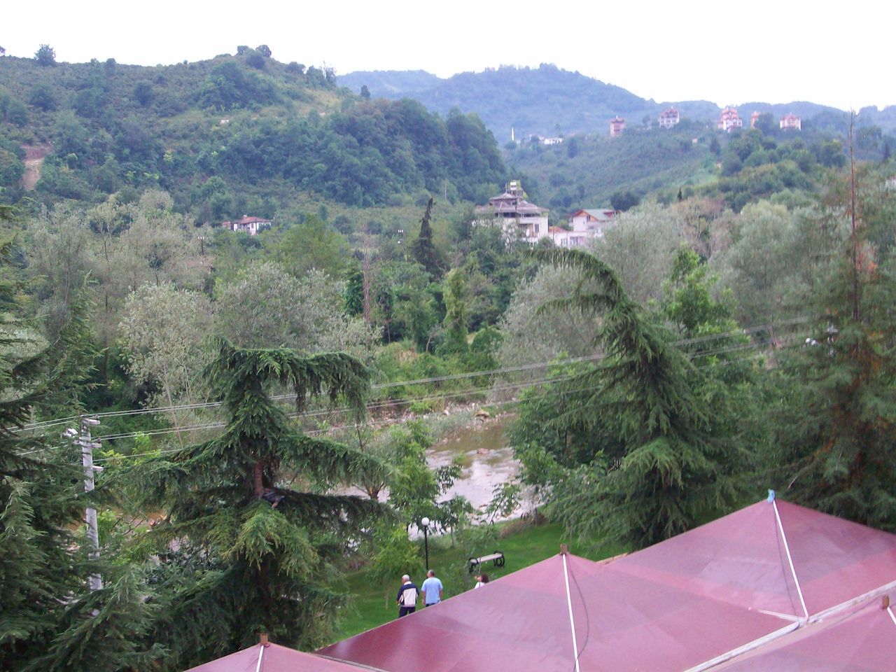 tree, mountain, scenics, tranquil scene, tranquility, beauty in nature, nature, growth, green color, clear sky, landscape, high angle view, lush foliage, sky, water, day, house, idyllic, non-urban scene, outdoors