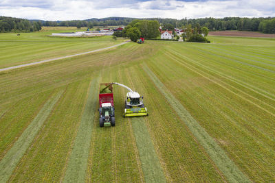 High angle view of tractor on agricultural field