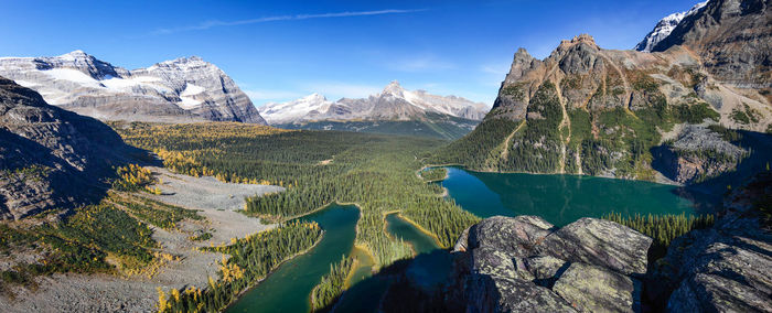 Scenic view of snowcapped mountains against blue sky