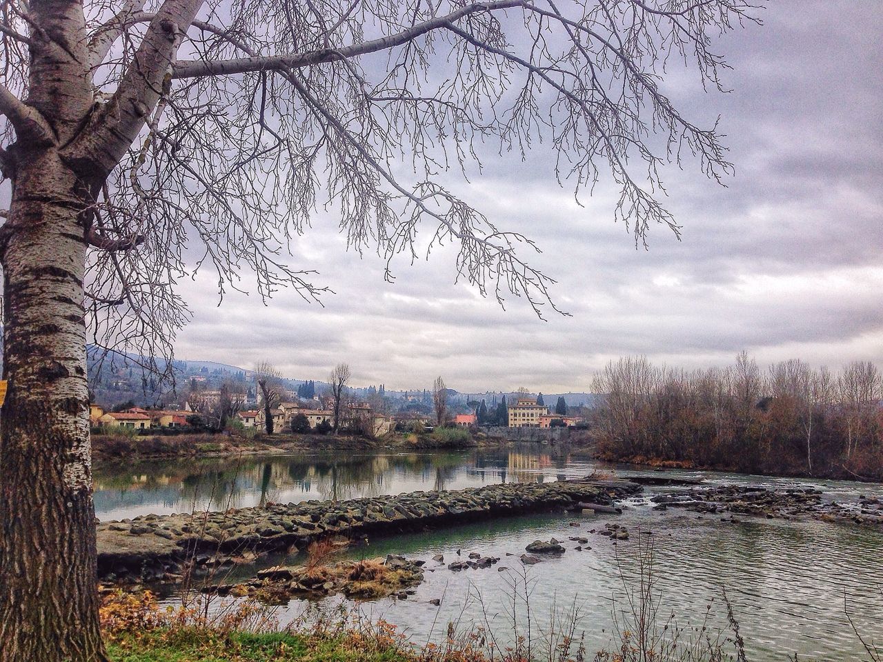 sky, building exterior, water, architecture, tree, built structure, city, cloud - sky, cityscape, bare tree, river, weather, cloudy, lake, branch, reflection, skyscraper, cloud, day, nature