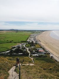 High angle view of bicycle on landscape against sky