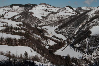 Scenic view of snow covered mountains against sky