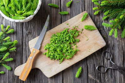 High angle view of chopped vegetables on cutting board