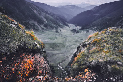 High angle view of valley and mountains