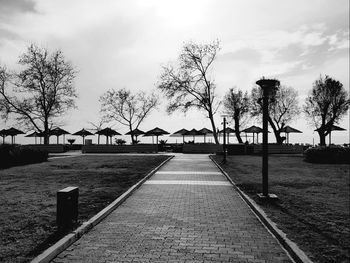 Empty street amidst trees and houses against sky