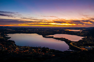 High angle view of cityscape against sky during sunset