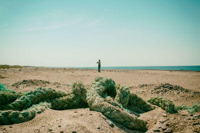 Low section of woman on beach against clear sky