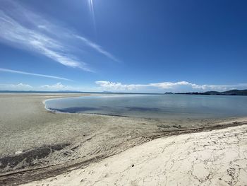 Scenic view of beach against blue sky