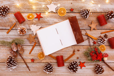 High angle view of christmas decoration on table