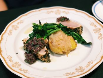 High angle view of breakfast served in plate on table