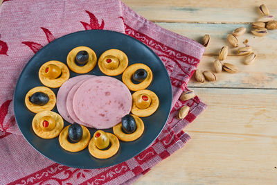 High angle view of cupcakes in plate on table