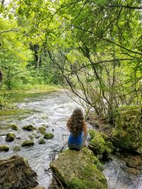 Rear view of woman sitting on rock in forest