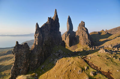 Quirang rock pinnacles at sunrise